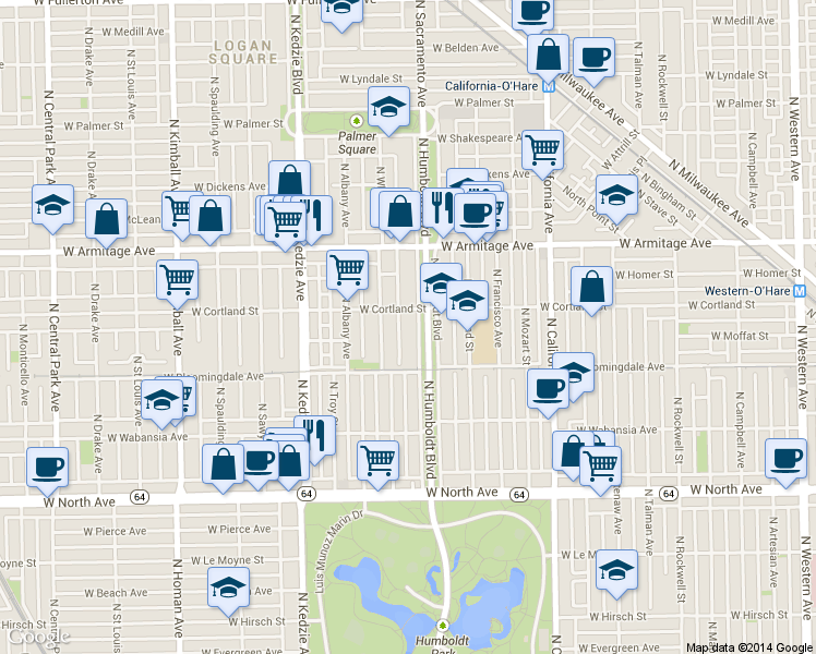 map of restaurants, bars, coffee shops, grocery stores, and more near 1821 North Whipple Street in Chicago
