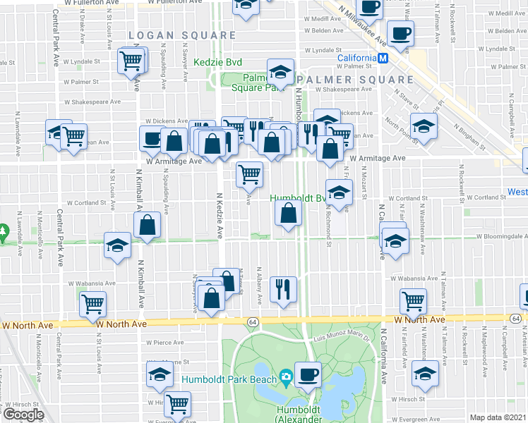 map of restaurants, bars, coffee shops, grocery stores, and more near 1827 North Albany Avenue in Chicago