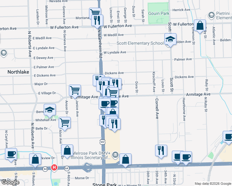 map of restaurants, bars, coffee shops, grocery stores, and more near 10308 Armitage Avenue in Melrose Park