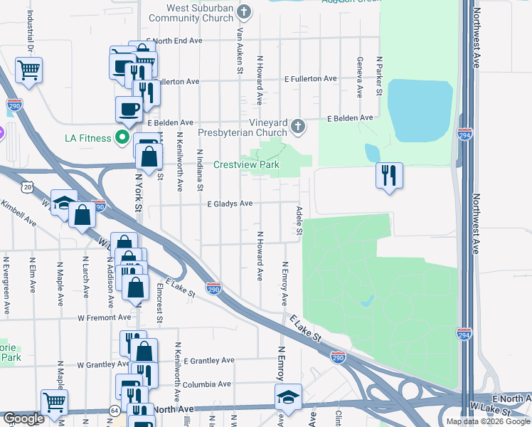 map of restaurants, bars, coffee shops, grocery stores, and more near 562 North Emroy Avenue in Elmhurst