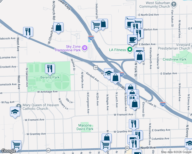 map of restaurants, bars, coffee shops, grocery stores, and more near 518 North Elm Avenue in Elmhurst