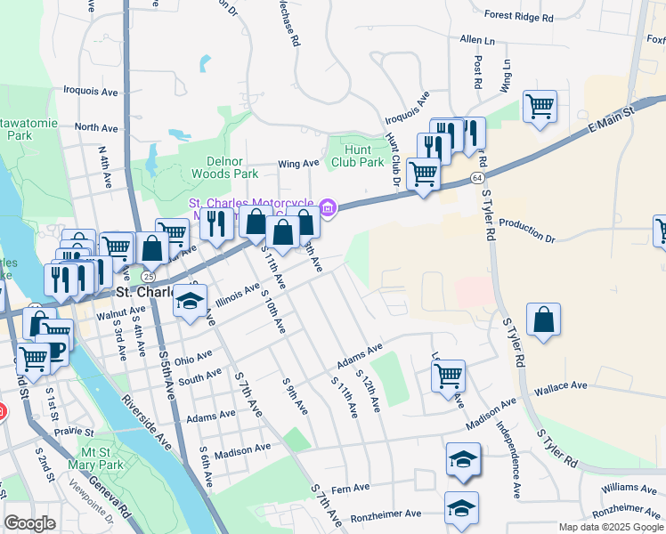 map of restaurants, bars, coffee shops, grocery stores, and more near 1215 Indiana Avenue in St. Charles