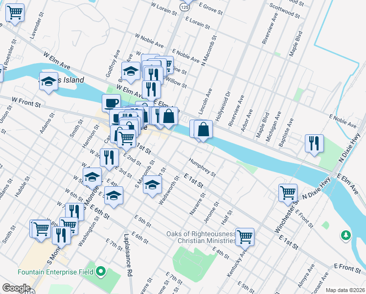 map of restaurants, bars, coffee shops, grocery stores, and more near 49 Scott Street in Monroe