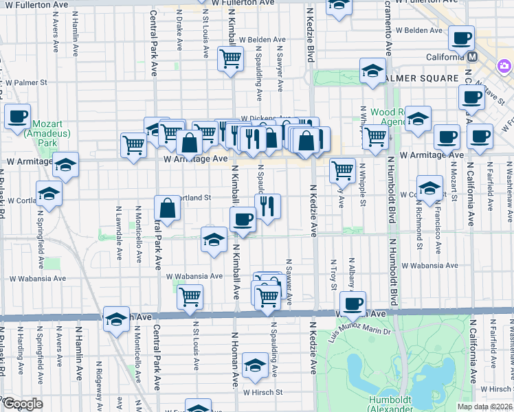 map of restaurants, bars, coffee shops, grocery stores, and more near 1846 North Spaulding Avenue in Chicago