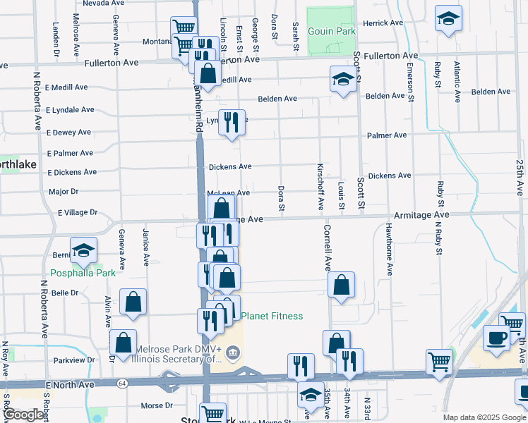 map of restaurants, bars, coffee shops, grocery stores, and more near 2525 East Armitage Avenue in Melrose Park