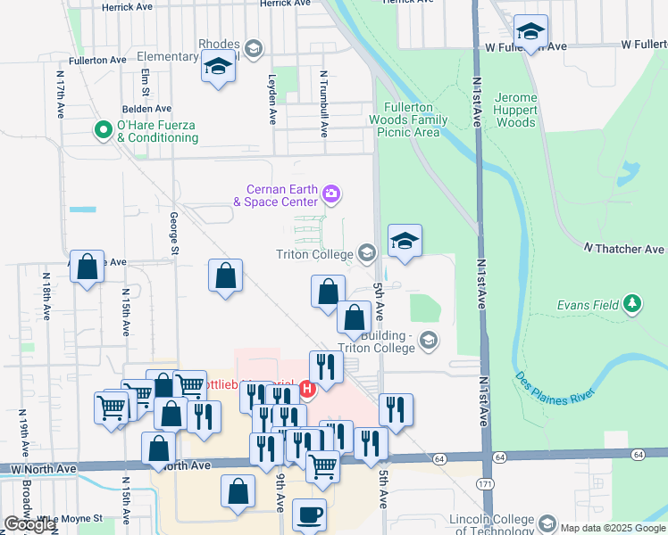 map of restaurants, bars, coffee shops, grocery stores, and more near 2000 5th Avenue in River Grove