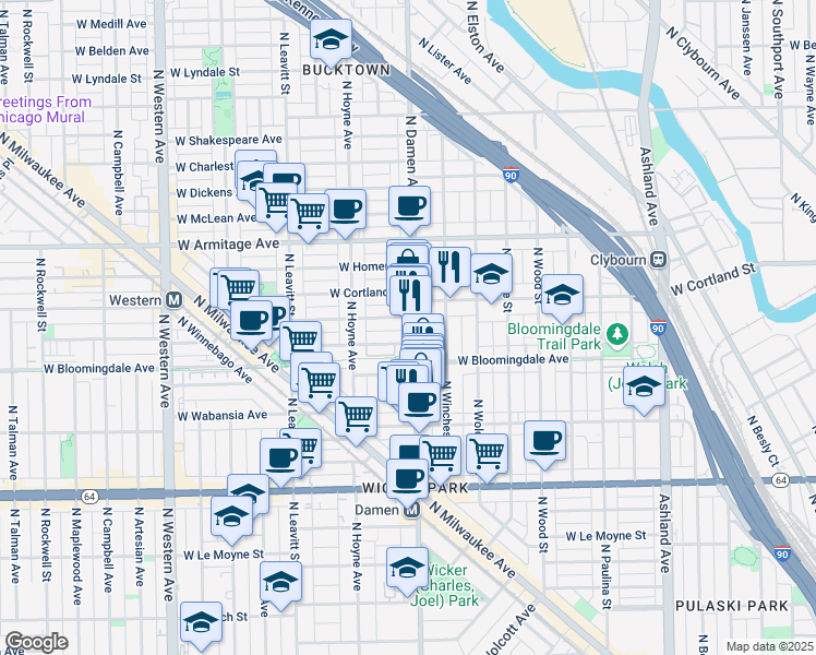map of restaurants, bars, coffee shops, grocery stores, and more near 2007 West Churchill Street in Chicago