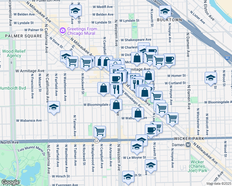 map of restaurants, bars, coffee shops, grocery stores, and more near 2357 West Moffat Street in Chicago