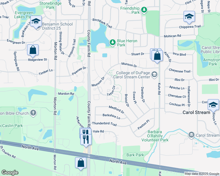 map of restaurants, bars, coffee shops, grocery stores, and more near 515 Dakota Court in Carol Stream