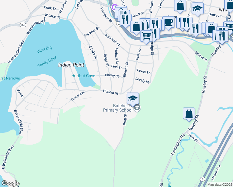 map of restaurants, bars, coffee shops, grocery stores, and more near 55 Hurlbut Street in Winsted