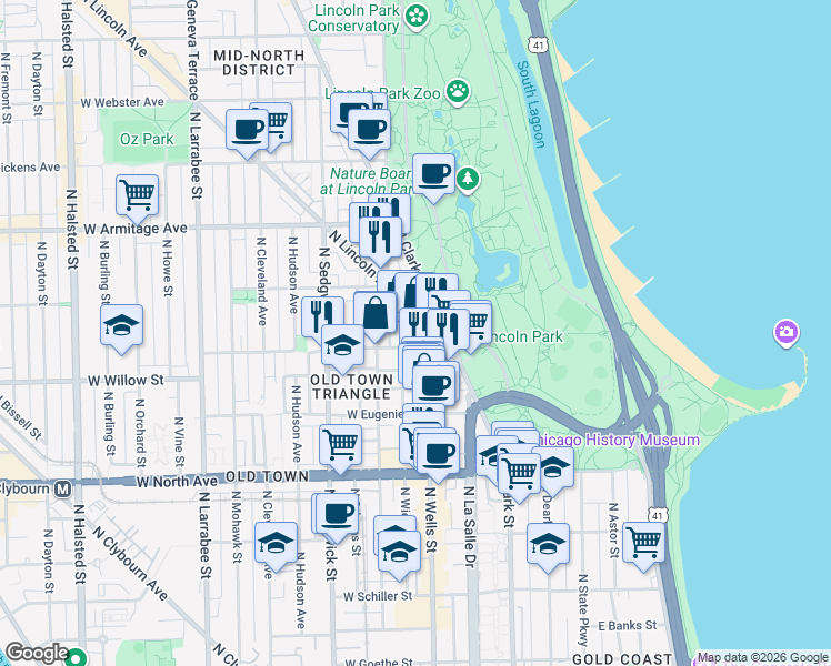 map of restaurants, bars, coffee shops, grocery stores, and more near 229 West Menomonee Street in Chicago