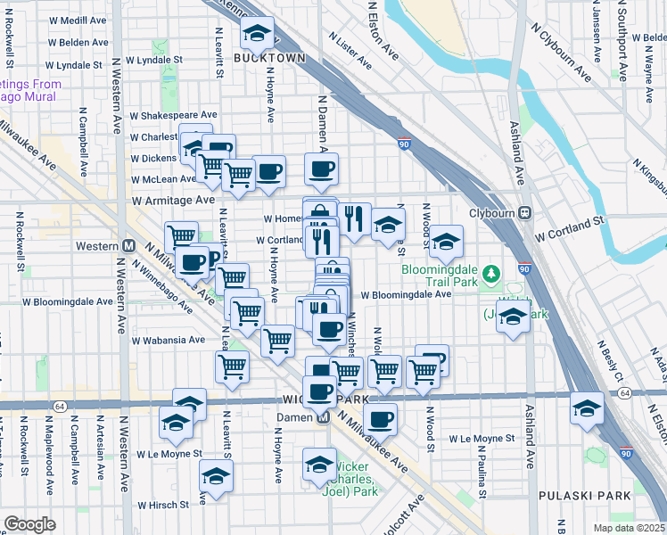 map of restaurants, bars, coffee shops, grocery stores, and more near 2007 West Churchill Street in Chicago