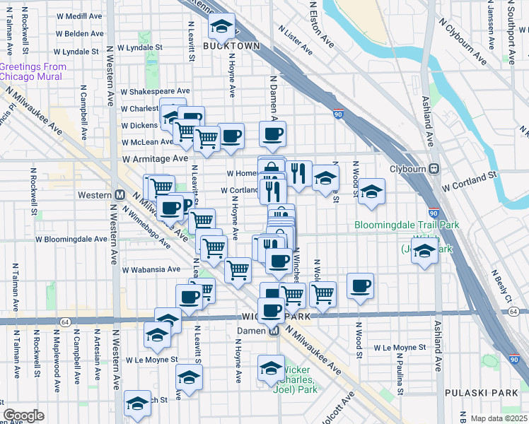 map of restaurants, bars, coffee shops, grocery stores, and more near 2007 West Churchill Street in Chicago