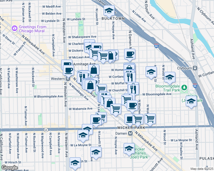 map of restaurants, bars, coffee shops, grocery stores, and more near 2129 West Churchill Street in Chicago