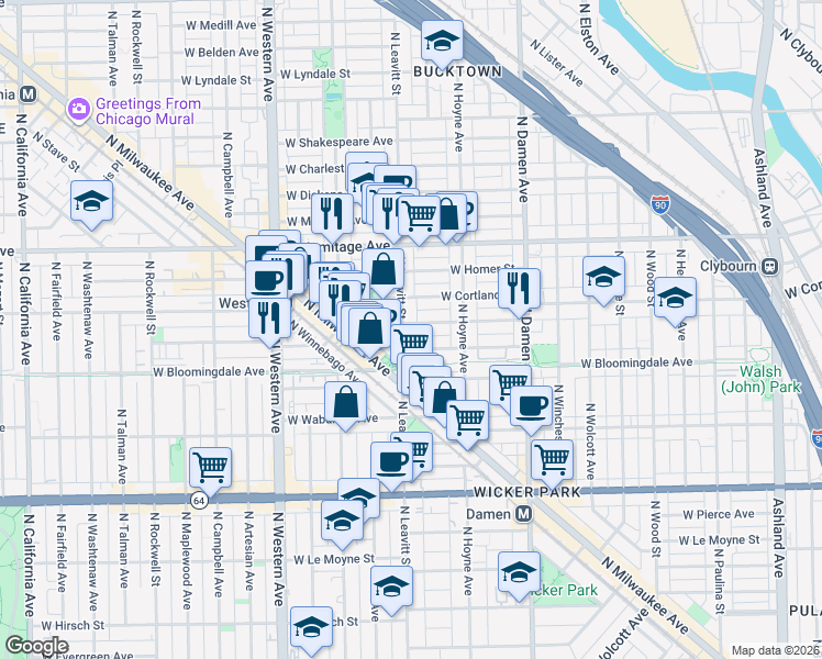 map of restaurants, bars, coffee shops, grocery stores, and more near 1800 North Wilmot Avenue in Chicago