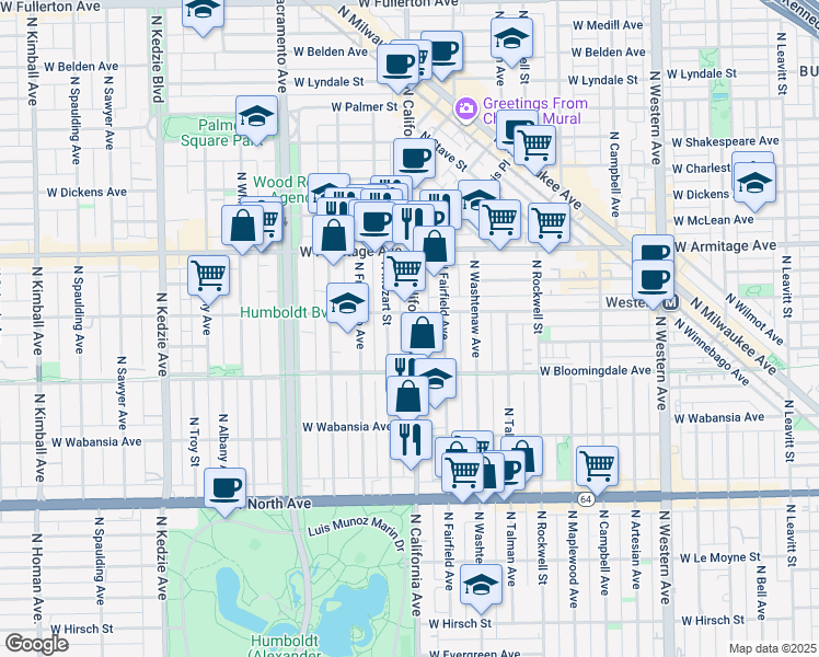 map of restaurants, bars, coffee shops, grocery stores, and more near 1818 North California Avenue in Chicago