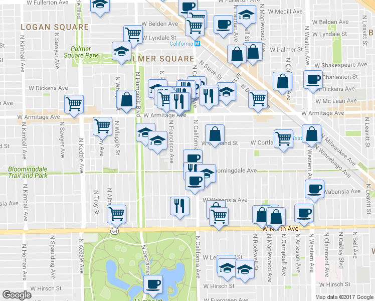 map of restaurants, bars, coffee shops, grocery stores, and more near 1818 North California Avenue in Chicago