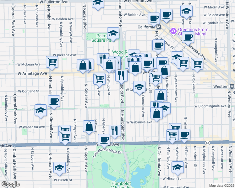 map of restaurants, bars, coffee shops, grocery stores, and more near 1841 North Humboldt Boulevard in Chicago