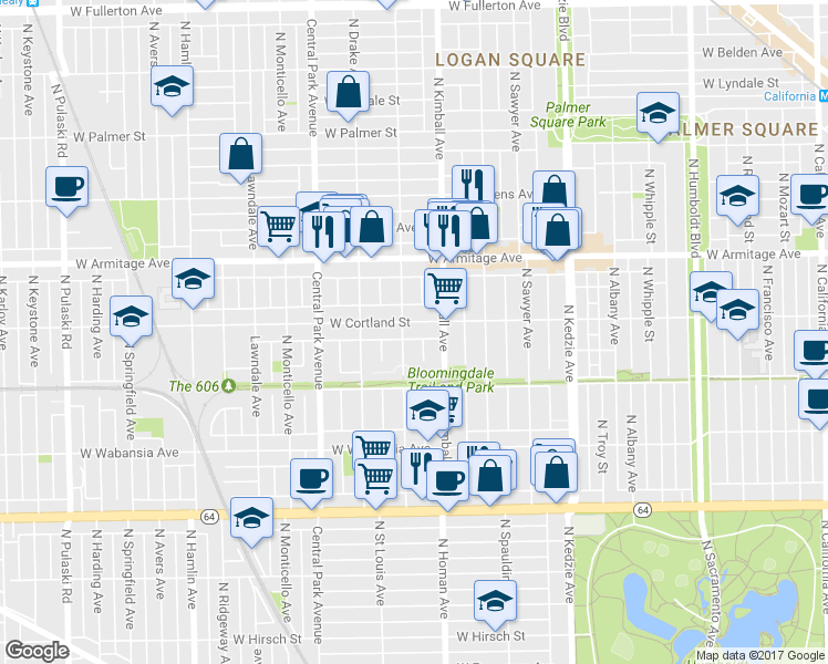 map of restaurants, bars, coffee shops, grocery stores, and more near 1822 North Kimball Avenue in Chicago