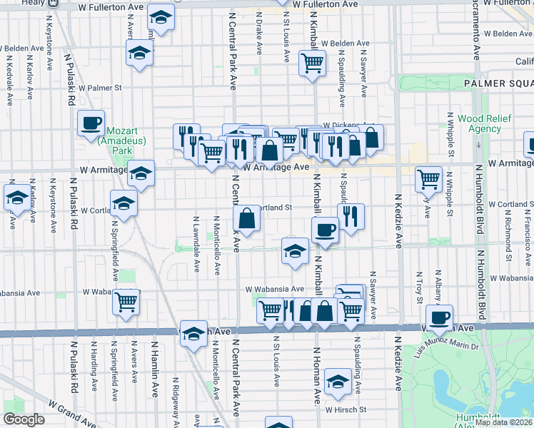 map of restaurants, bars, coffee shops, grocery stores, and more near 1826 North Drake Avenue in Chicago