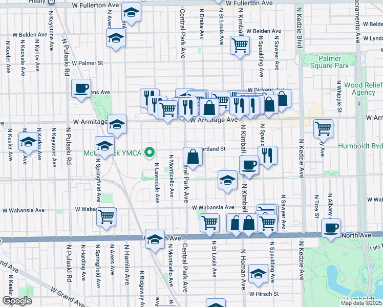 map of restaurants, bars, coffee shops, grocery stores, and more near 1826 North Drake Avenue in Chicago