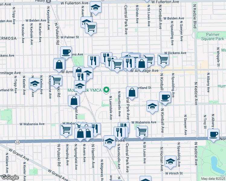 map of restaurants, bars, coffee shops, grocery stores, and more near 1827 North Lawndale Avenue in Chicago