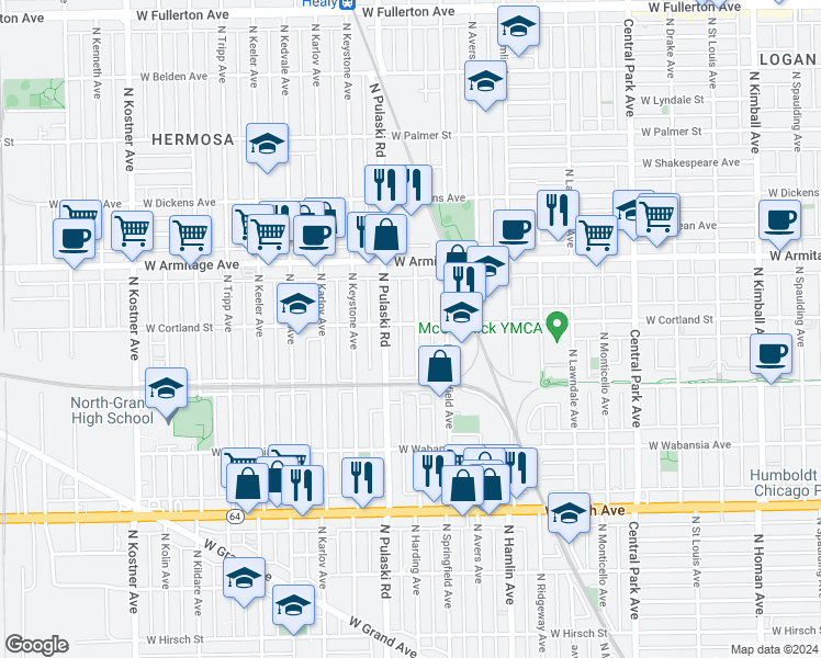 map of restaurants, bars, coffee shops, grocery stores, and more near in Chicago