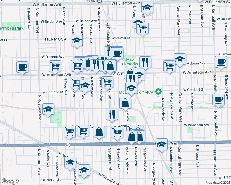 map of restaurants, bars, coffee shops, grocery stores, and more near 1829 North Pulaski Road in Chicago