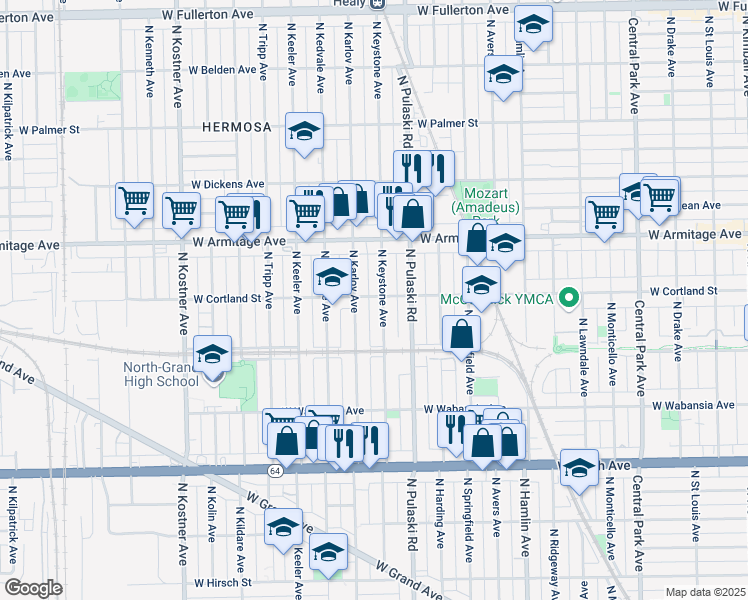 map of restaurants, bars, coffee shops, grocery stores, and more near 1827 North Keystone Avenue in Chicago
