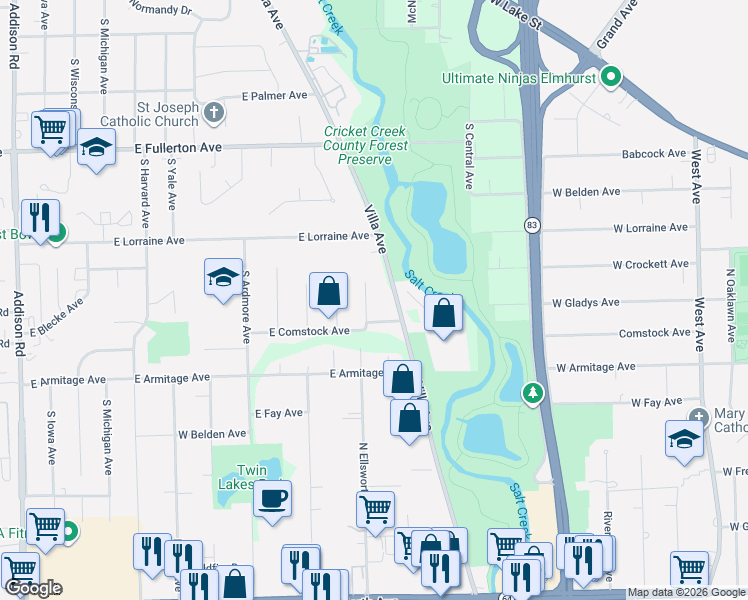 map of restaurants, bars, coffee shops, grocery stores, and more near 1044 Ellsworth Avenue in Addison