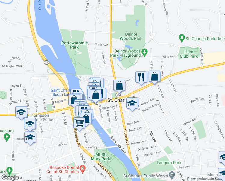 map of restaurants, bars, coffee shops, grocery stores, and more near 307 Cedar Avenue in St. Charles