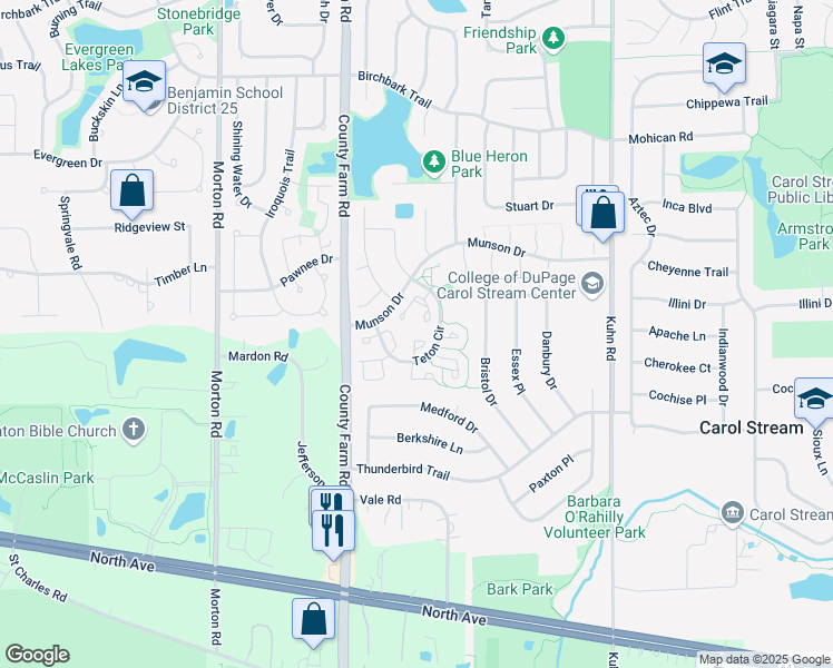 map of restaurants, bars, coffee shops, grocery stores, and more near 491 Dakota Court in Carol Stream