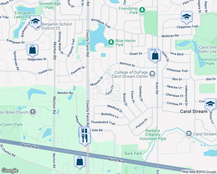 map of restaurants, bars, coffee shops, grocery stores, and more near 515 Dakota Court in Carol Stream