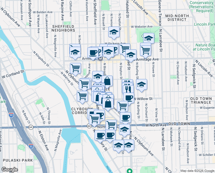 map of restaurants, bars, coffee shops, grocery stores, and more near 1822 North Fremont Street in Chicago