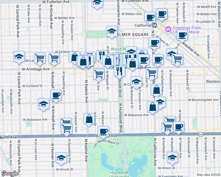 map of restaurants, bars, coffee shops, grocery stores, and more near 1821 North Whipple Street in Chicago