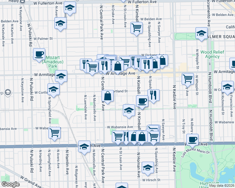 map of restaurants, bars, coffee shops, grocery stores, and more near 1822 North Saint Louis Avenue in Chicago