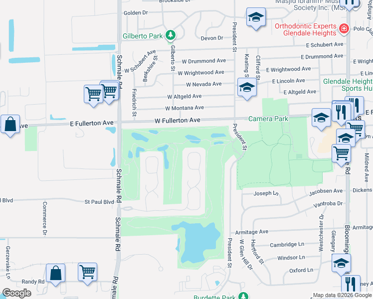 map of restaurants, bars, coffee shops, grocery stores, and more near 1513 Golfview Court in Glendale Heights