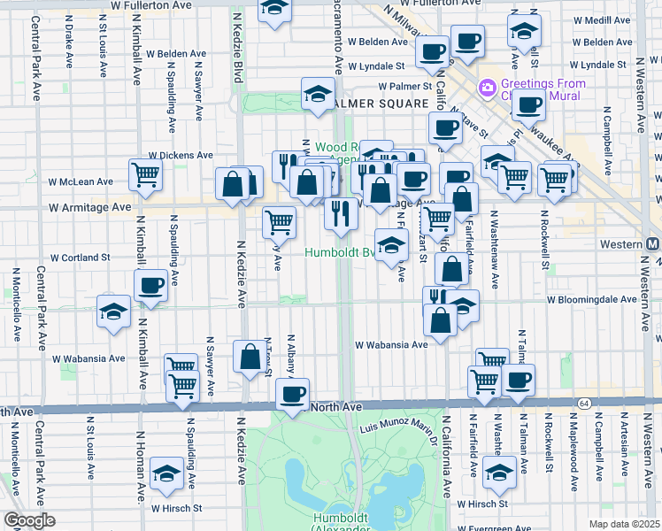 map of restaurants, bars, coffee shops, grocery stores, and more near 1841 North Humboldt Boulevard in Chicago