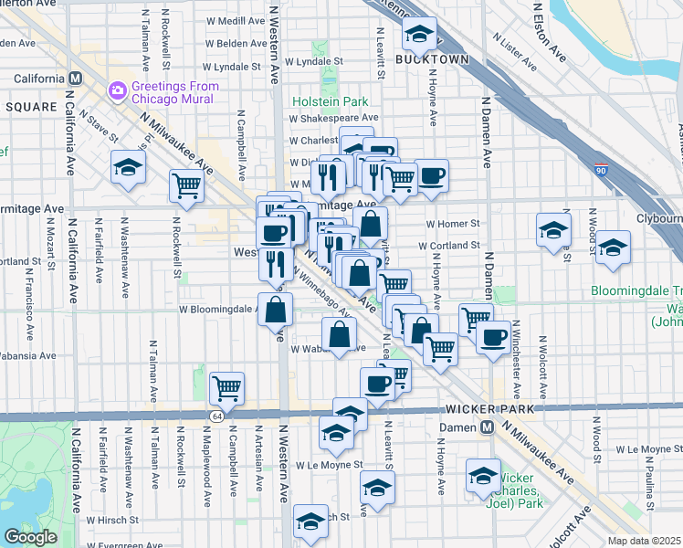 map of restaurants, bars, coffee shops, grocery stores, and more near 1820 North Milwaukee Avenue in Chicago