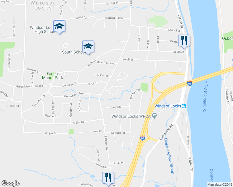 map of restaurants, bars, coffee shops, grocery stores, and more near 24 Dibble Hollow Lane in Windsor Locks