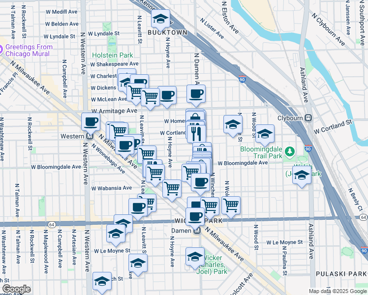 map of restaurants, bars, coffee shops, grocery stores, and more near 2031 West Moffat Street in Chicago