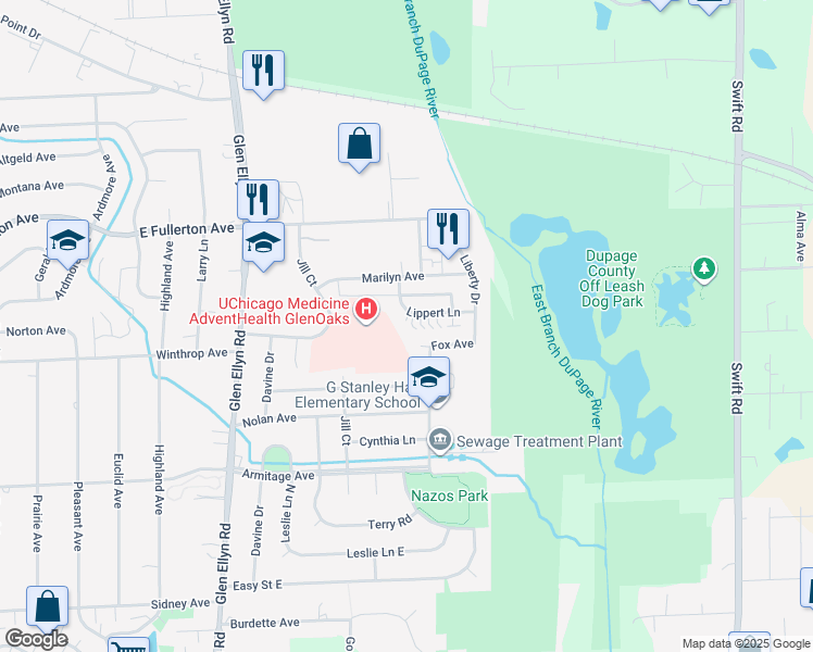 map of restaurants, bars, coffee shops, grocery stores, and more near 1538 Lippert Lane in Glendale Heights