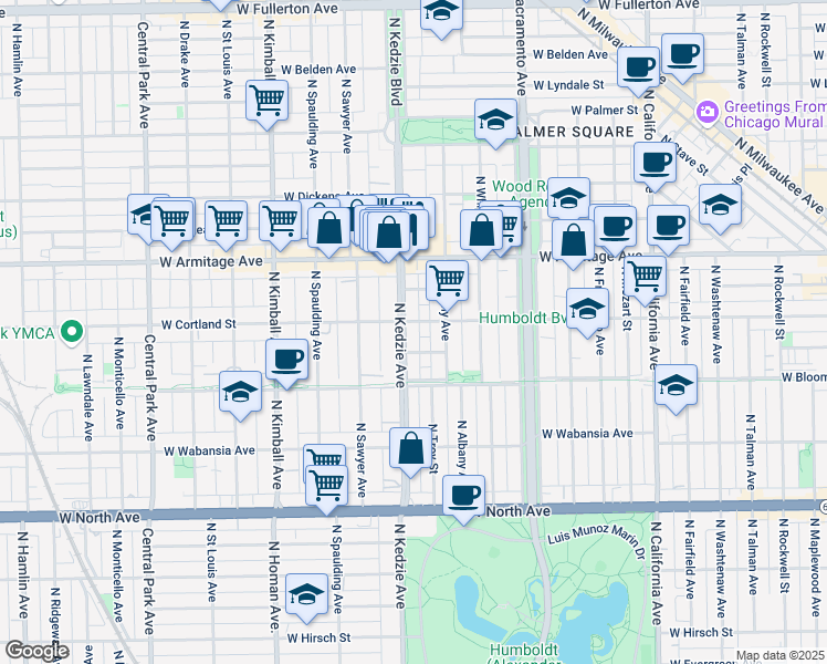 map of restaurants, bars, coffee shops, grocery stores, and more near 1911 North Kedzie Avenue in Chicago