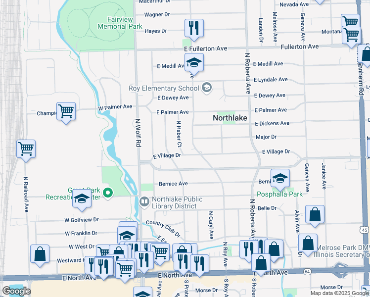 map of restaurants, bars, coffee shops, grocery stores, and more near 425 North Haber Court in Melrose Park