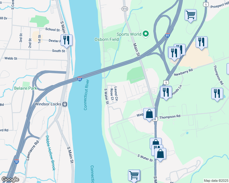 map of restaurants, bars, coffee shops, grocery stores, and more near 43 Laurel Circle in East Windsor