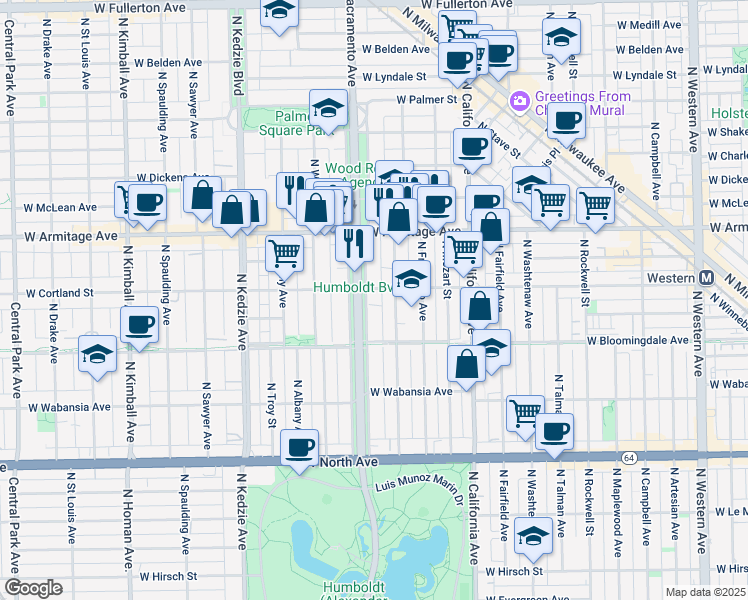 map of restaurants, bars, coffee shops, grocery stores, and more near 1847 North Humboldt Boulevard in Chicago