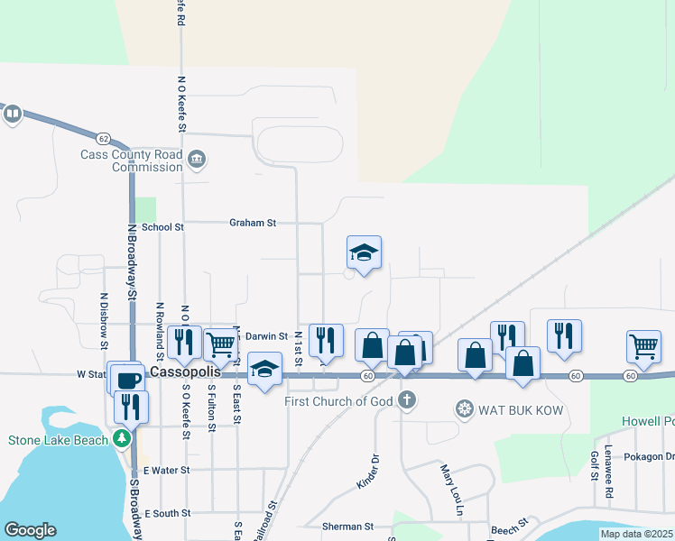map of restaurants, bars, coffee shops, grocery stores, and more near 310 2nd Street in Cassopolis