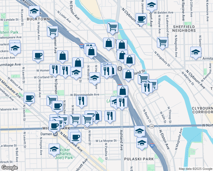 map of restaurants, bars, coffee shops, grocery stores, and more near 1835 North Paulina Street in Chicago