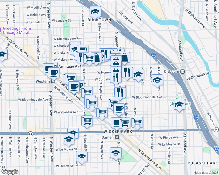 map of restaurants, bars, coffee shops, grocery stores, and more near 2031 West Moffat Street in Chicago