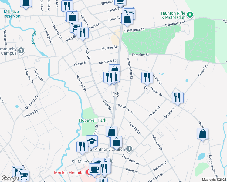 map of restaurants, bars, coffee shops, grocery stores, and more near 15 Jefferson Street in Taunton